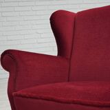 1960s, Danish 3-seater curved sofa, red furniture velour
