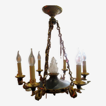 Empire style chandelier gilded bronze and green painted sheet metal