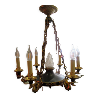 Lustre style Empire en bronze doré et tôle peinte verte