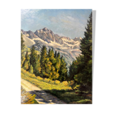 Oil painting on panel "Alpine Landscape with Snow" Mountain signed Bizouard circa 1950