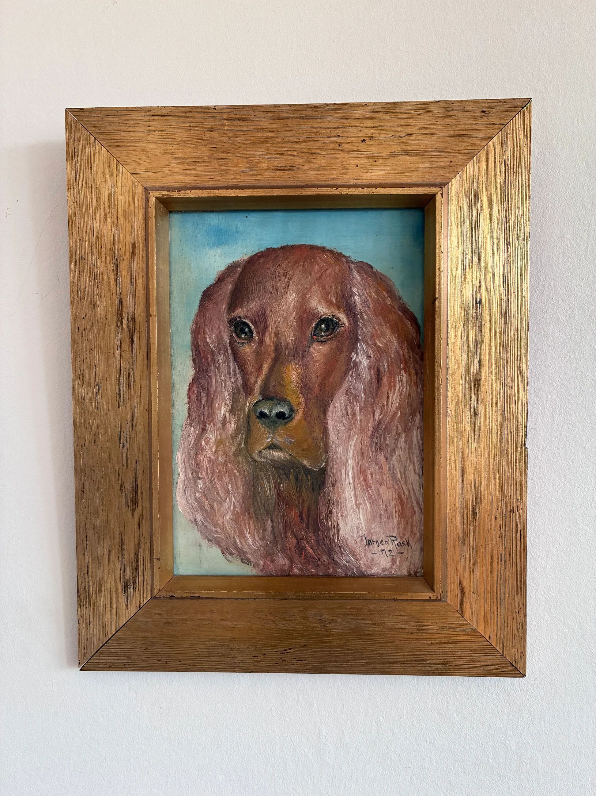 Vintage original dog portrait oil painting, signed animal art