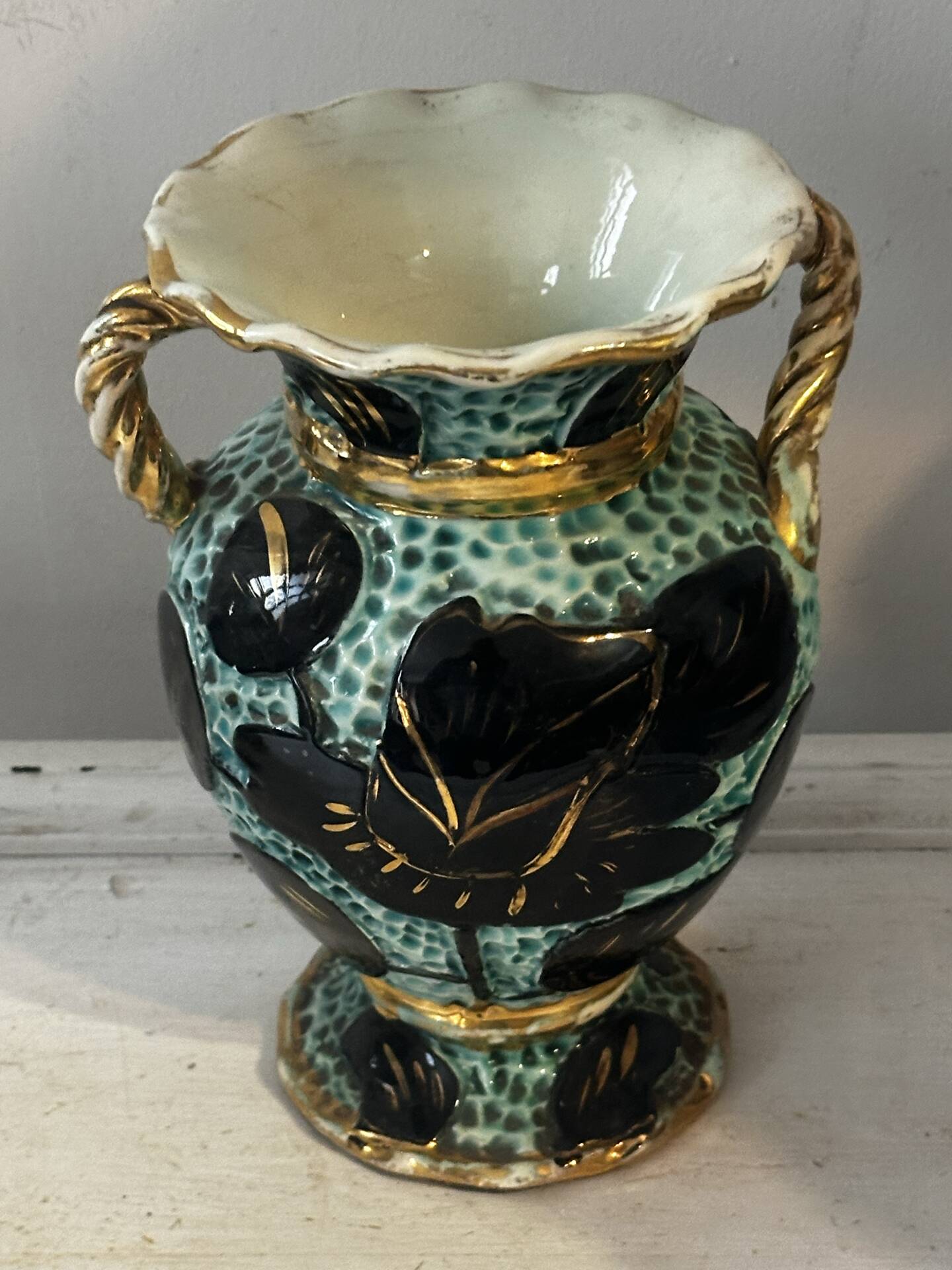 Pair of Vallauris vases in turquoise and black ceramic enhanced with o