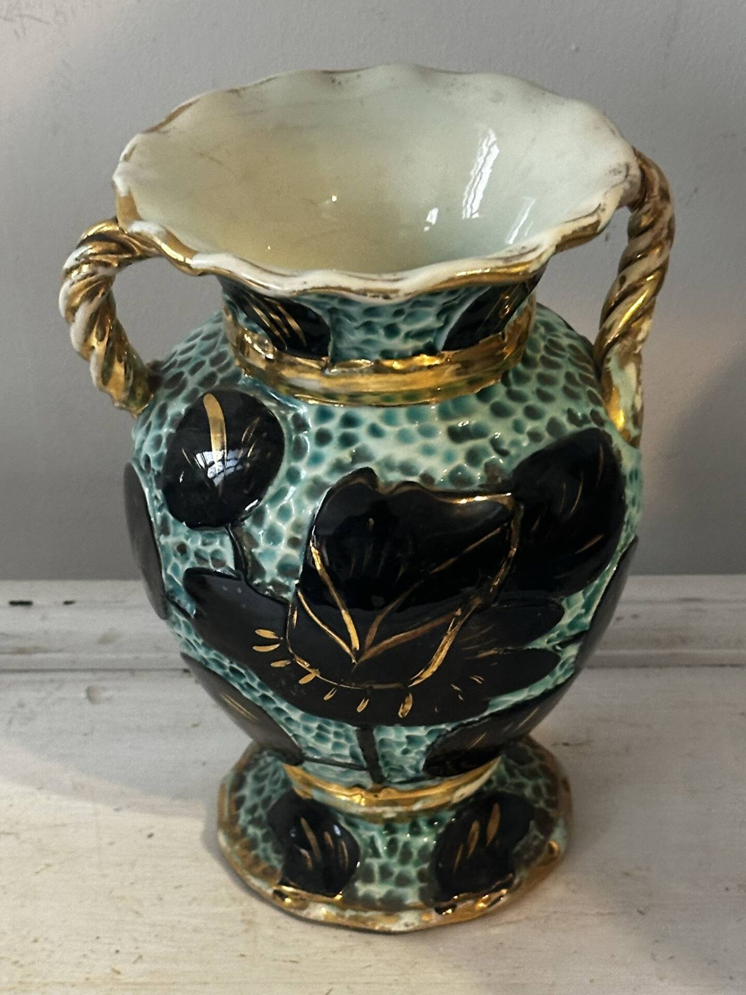 Pair of Vallauris vases in turquoise and black ceramic enhanced with o