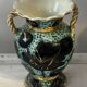 Pair of Vallauris vases in turquoise and black ceramic enhanced with o