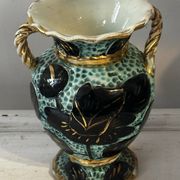 Pair of Vallauris vases in turquoise and black ceramic enhanced with o
