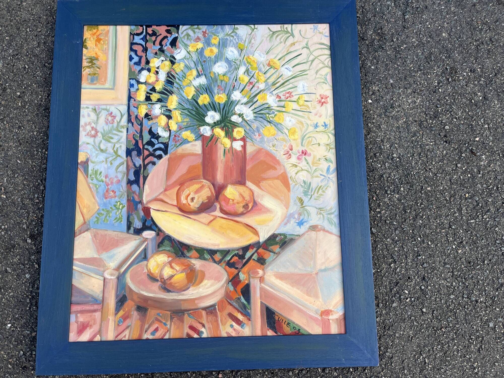 Still life with a bouquet of flowers – Colourful interior – Signed