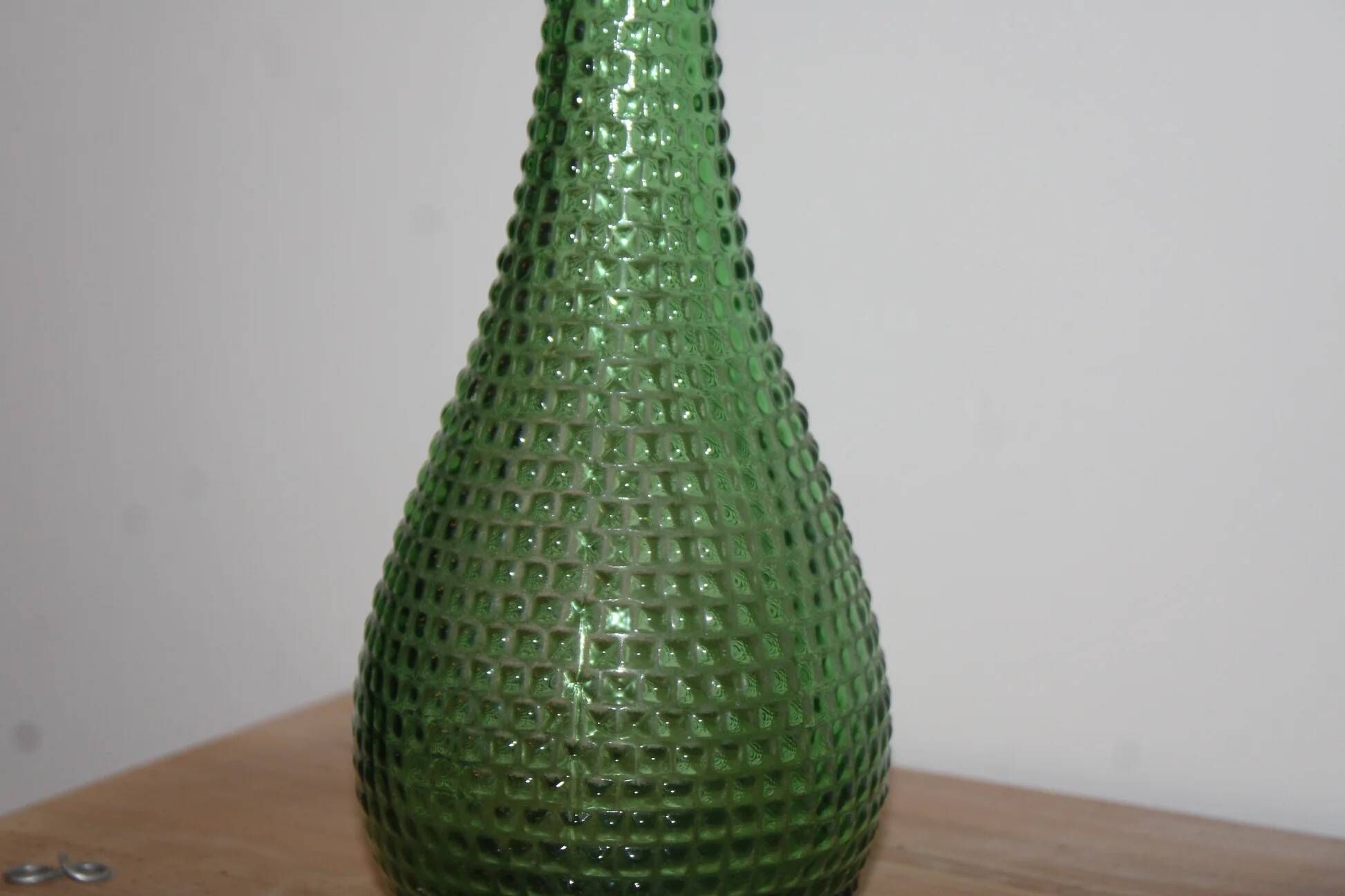 Vintage green glass bottle vase with geometric relief – H 33 cm