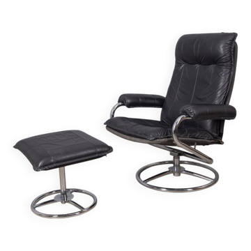 VINTAGE 1970S ARMCHAIR WITH FOOTREST IN METAL AND LEATHER, ITALIAN DESIGN