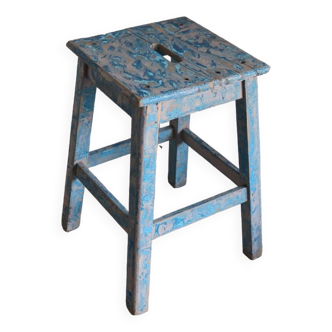 Tabouret de ferme patiné bleu