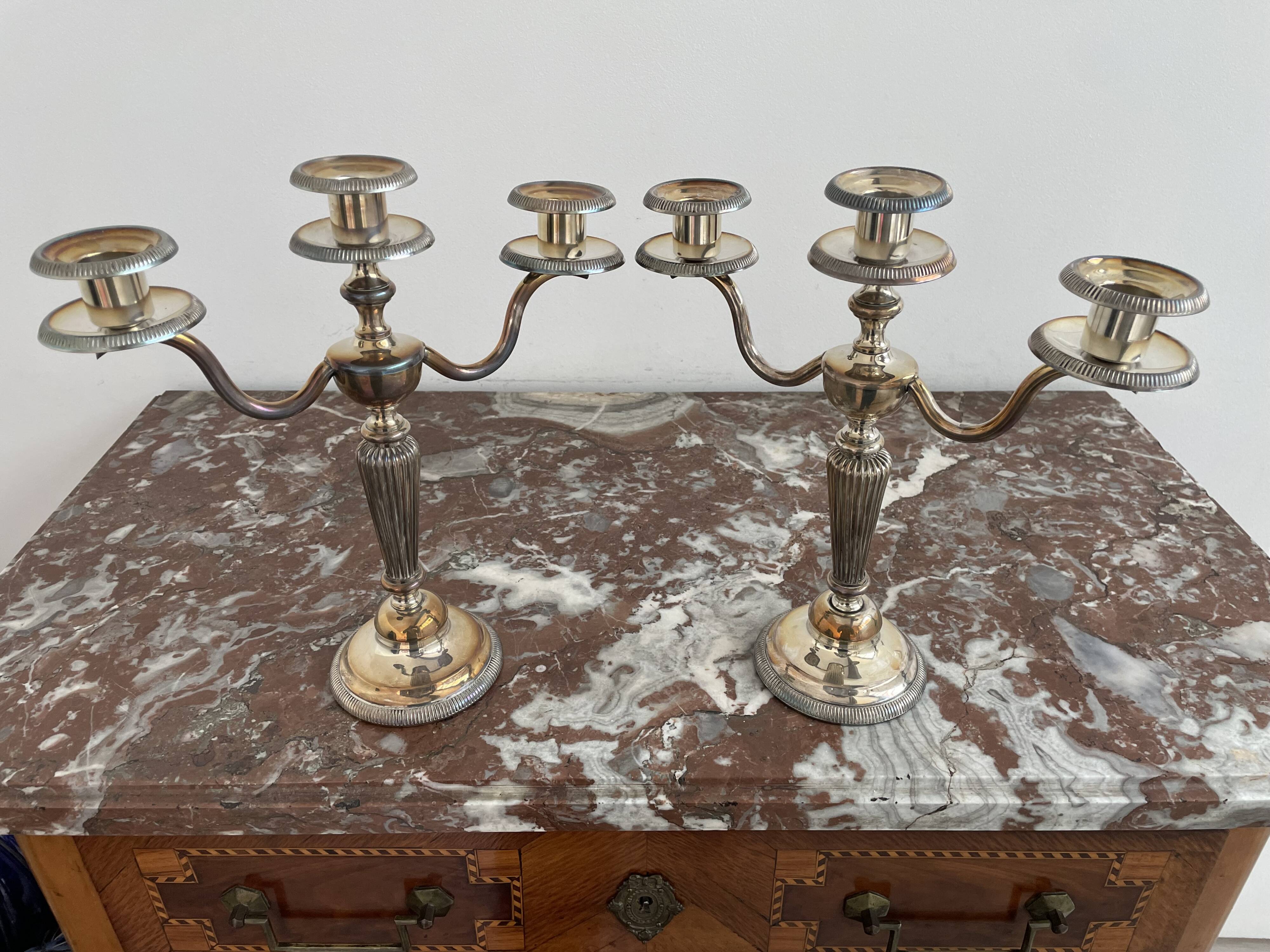Candlesticks, silver-plated metal, Maison Christofle, pair of candelabras, 3 lights