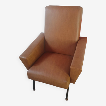 Vintage armchair in brown faux leather skai, black metal foot, 1960s