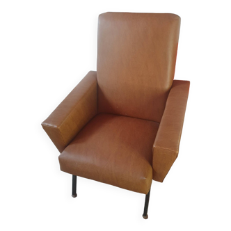 Vintage armchair in brown faux leather skai, black metal foot, 1960s