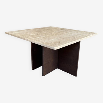 Table basse esprit minimaliste en travertin et bois  foncé