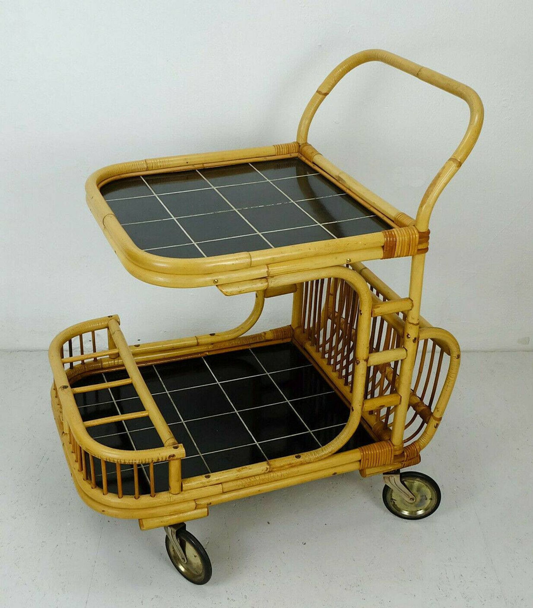 1950s mid century trolley serving cart bamboo wicker black formica