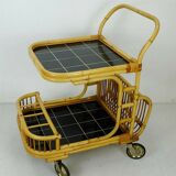 1950s mid century trolley serving cart bamboo wicker black formica