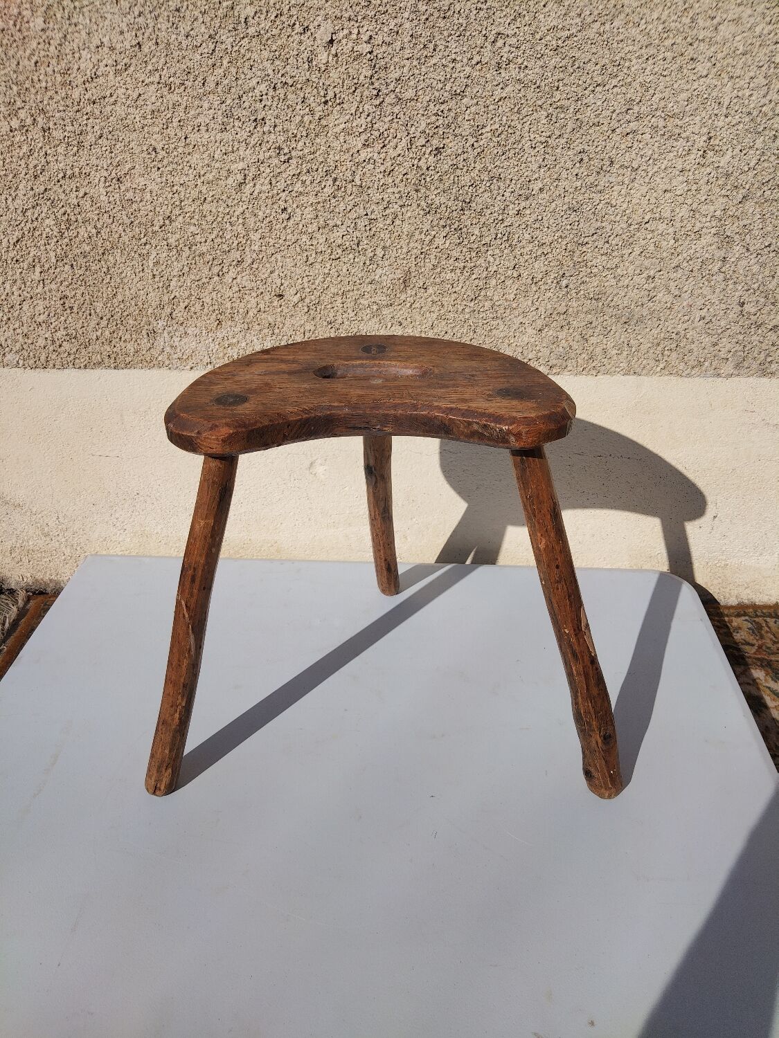 Antique tripod milking stool – folk art – patinated solid wood