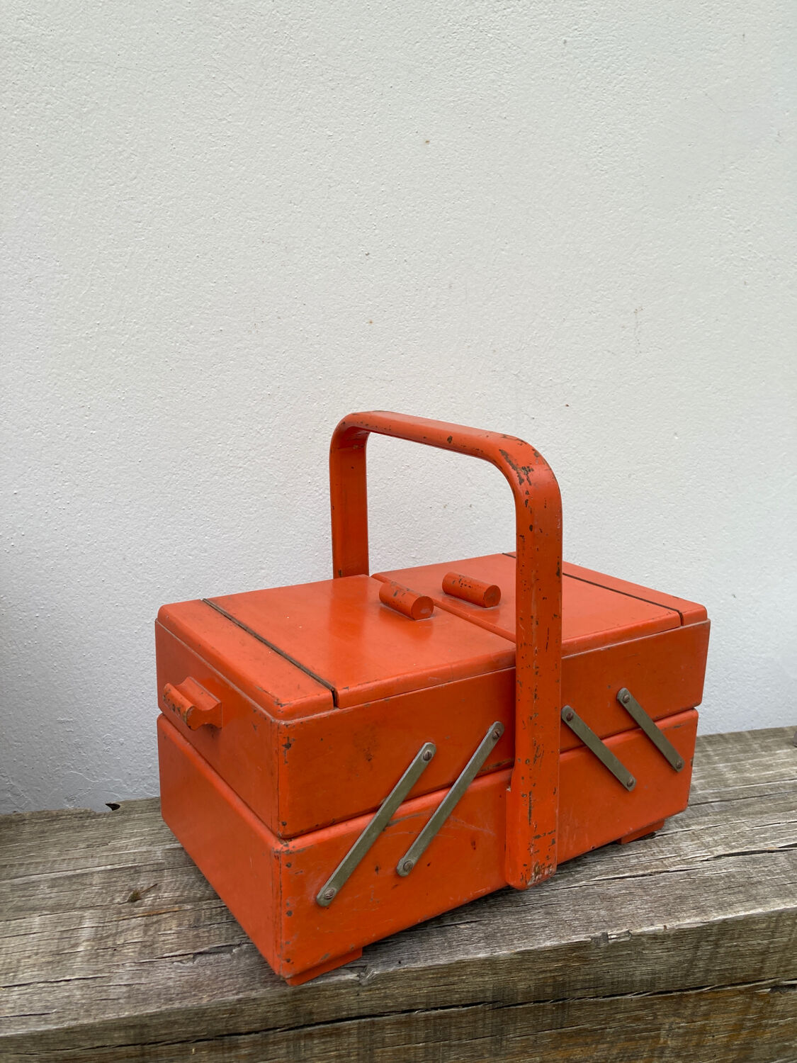 Orange wooden sewing box 1960 1970