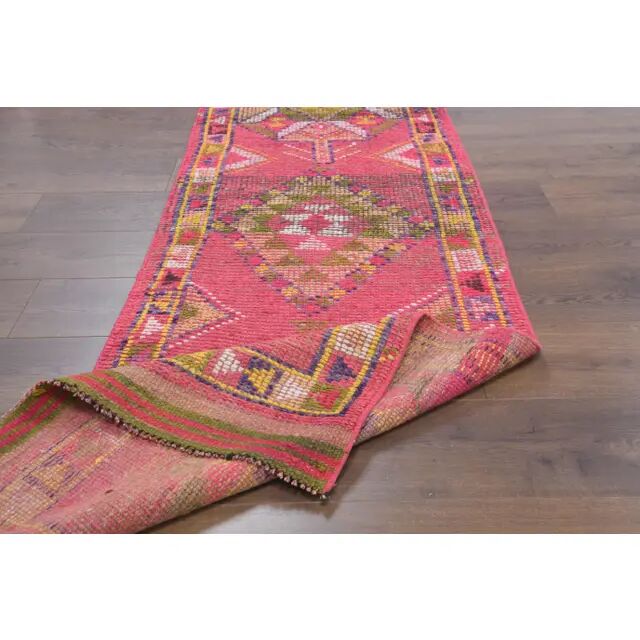 1970s Turkish Hand-Knotted Wool Cotton Pink Runner 79x371