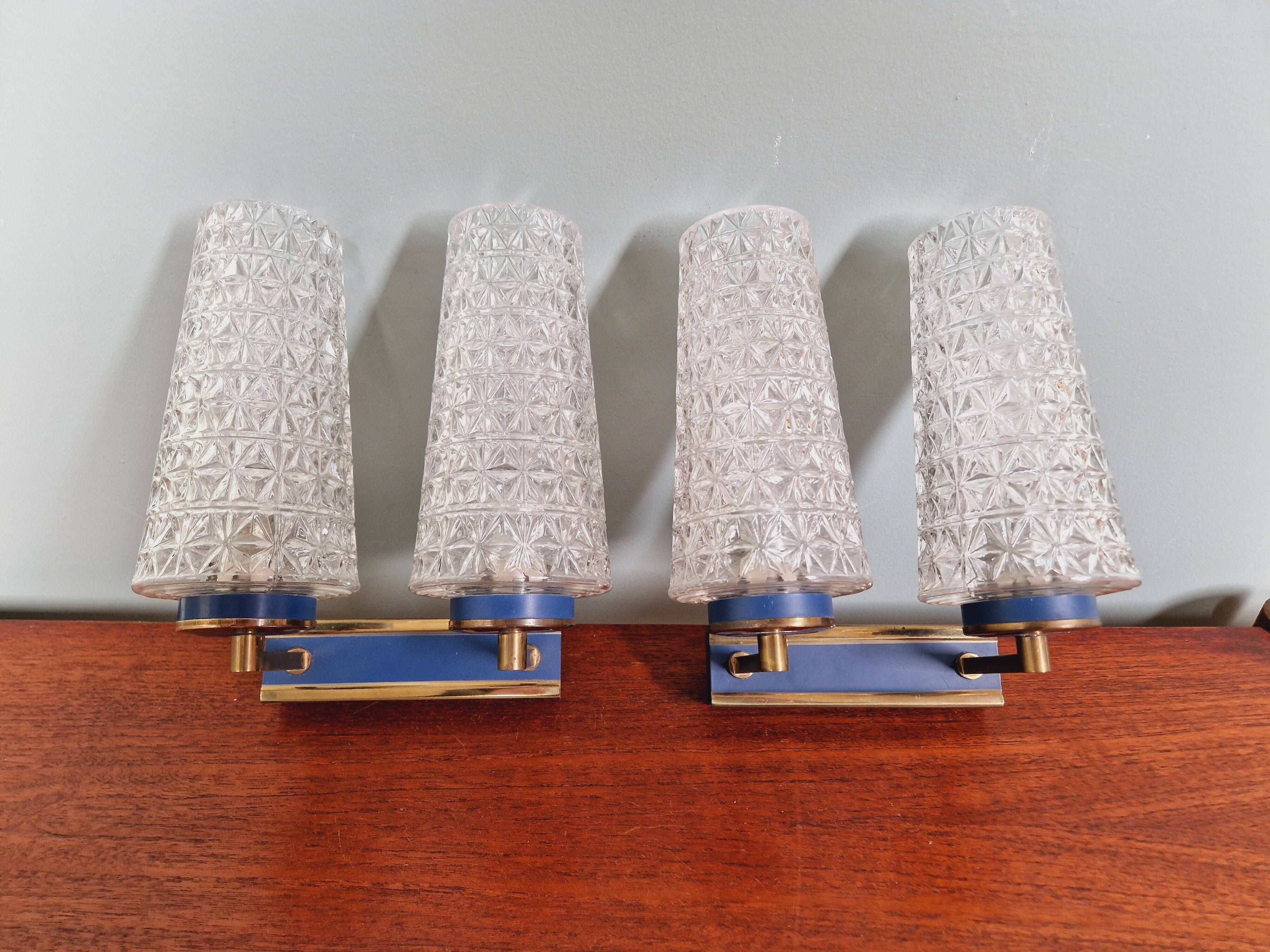 Pair of double wall lights in glass and blue lacquered metal, 1950s-60s