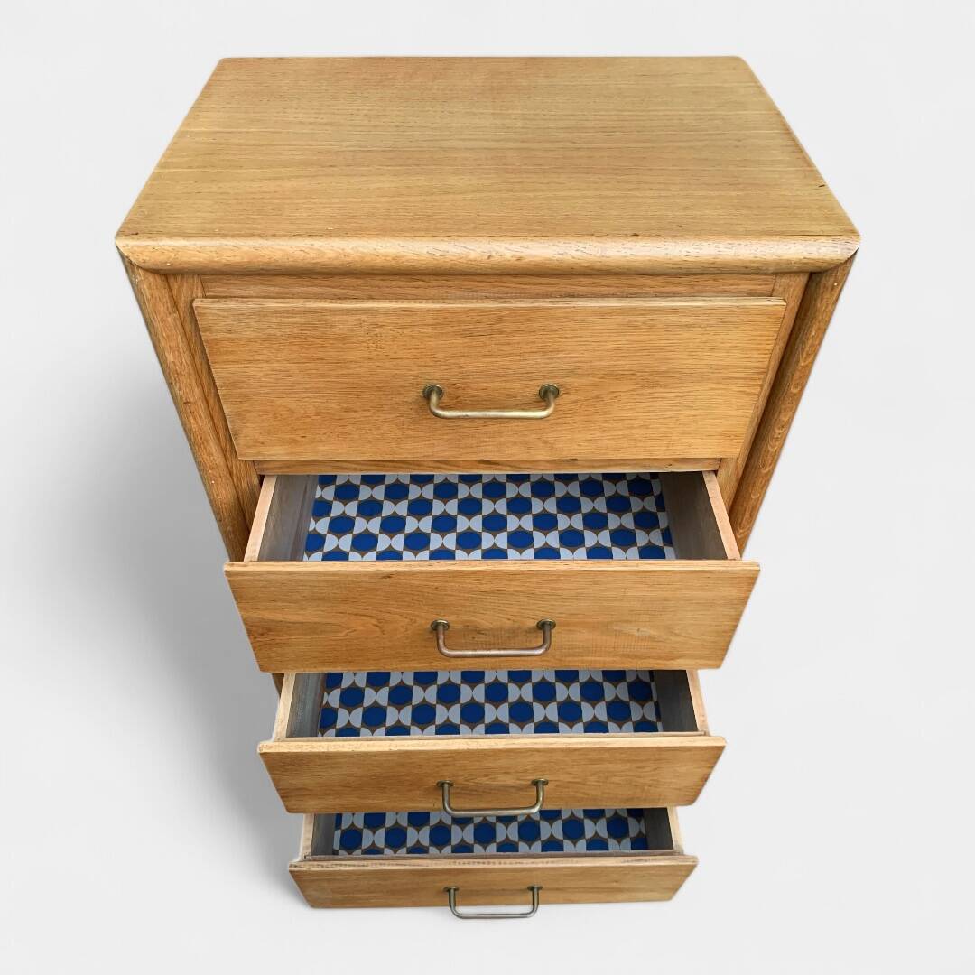 Chest of drawers with compass feet, raw wood, 1950s