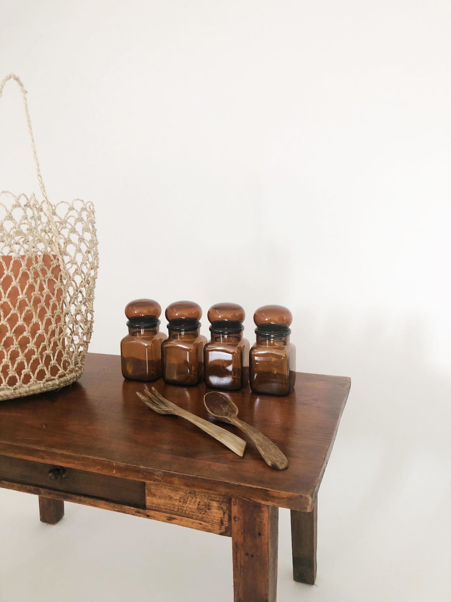 Lot of 4 bottles of amber glass apothecary style
