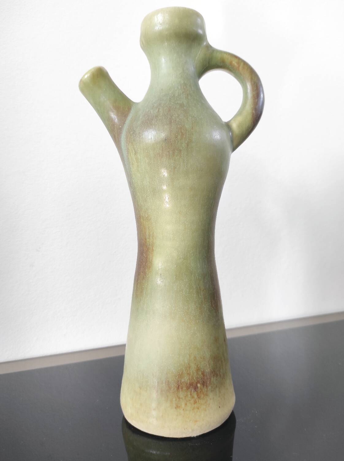 Pichet / Soliflore vintage en céramique flammée – Vert olive & Brun (A