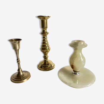 Trio of brass and vintage onyx candlesticks