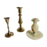 Trio of brass and vintage onyx candlesticks