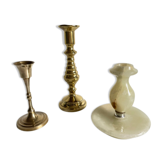 Trio of brass and vintage onyx candlesticks