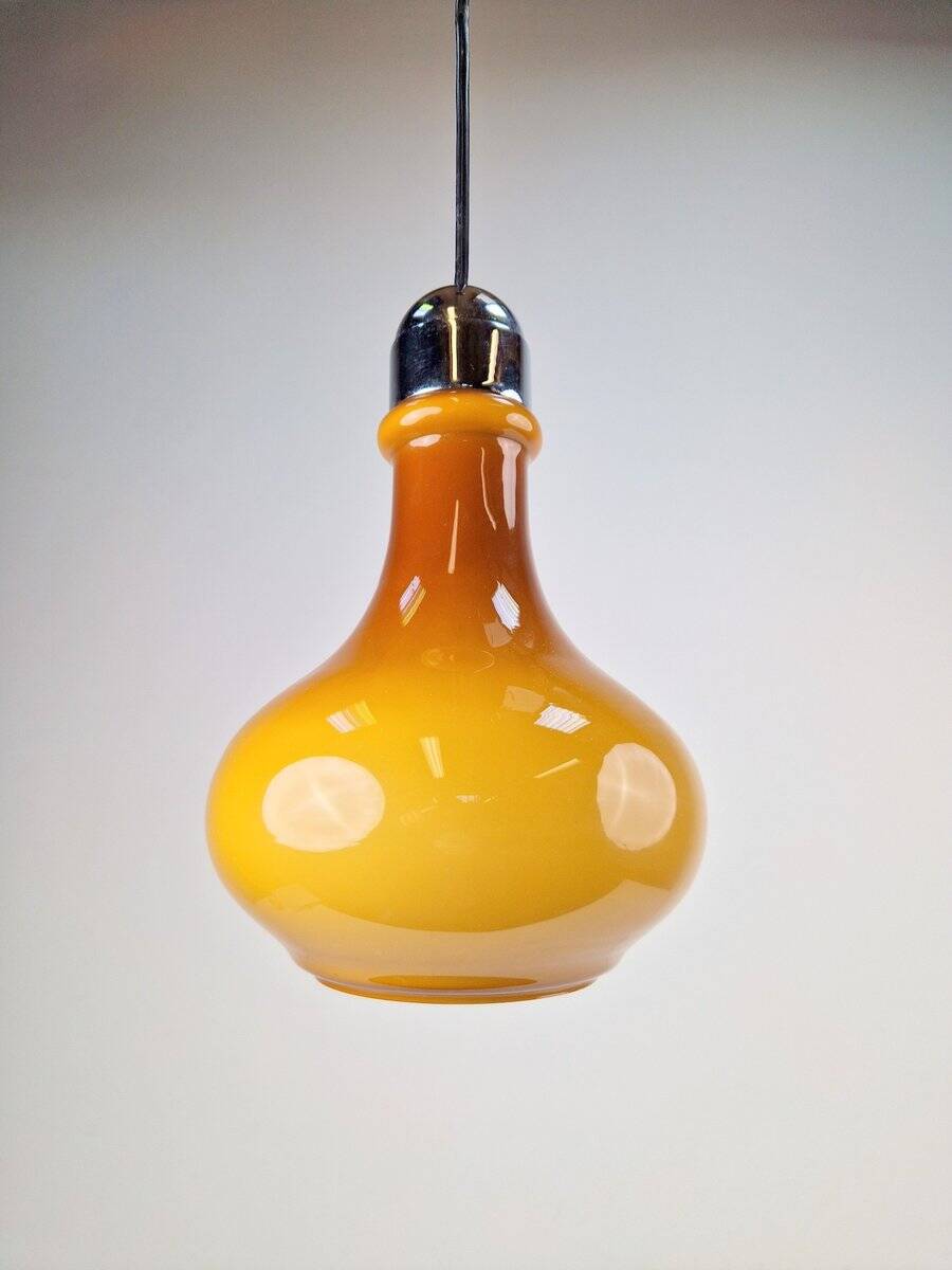 Vintage Scandinavian Drop Pendant Lamp in Brown Opal Glass and Chrome from Peill & Putzler, 1960s