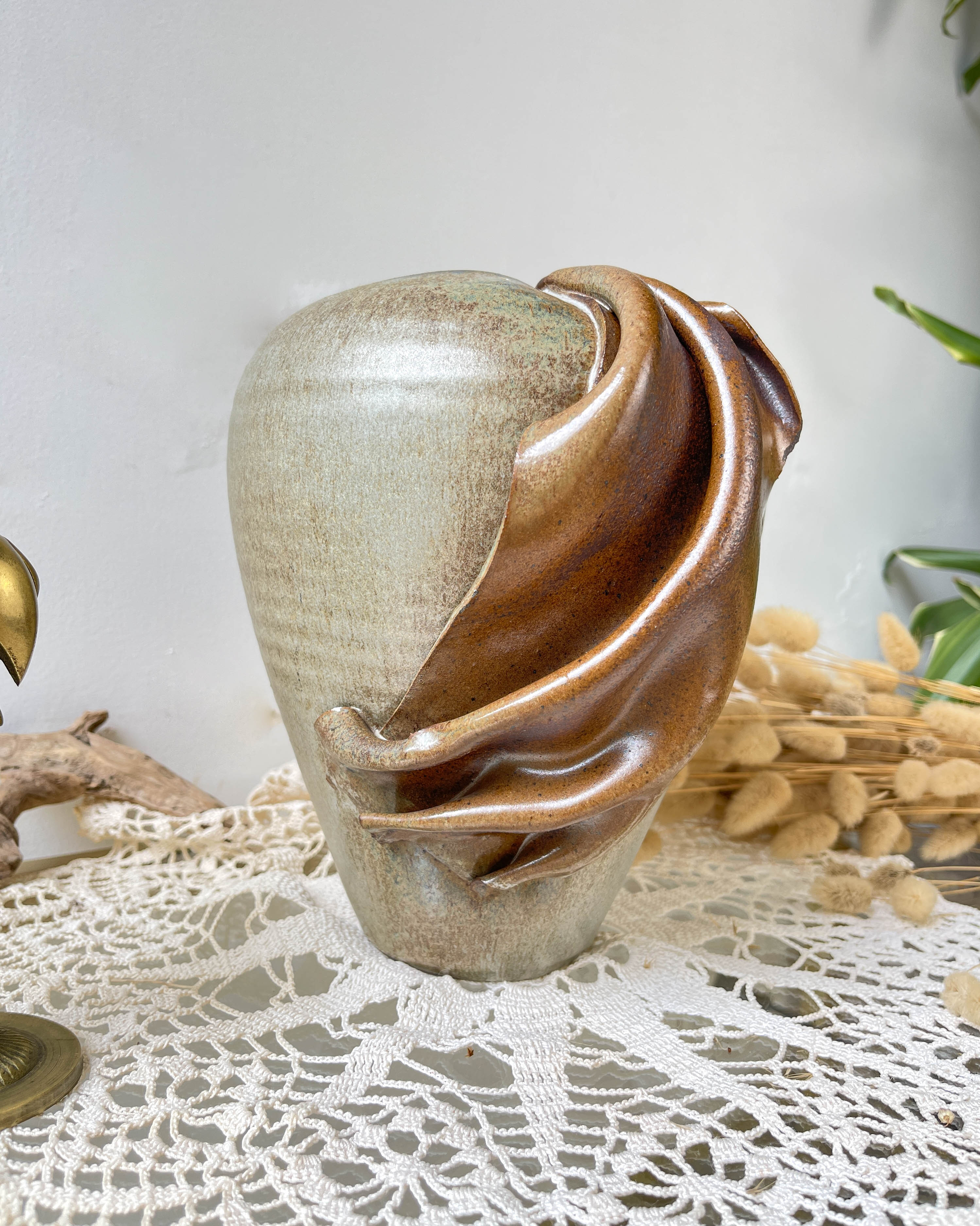 Vintage stoneware vase with draped effect glaze