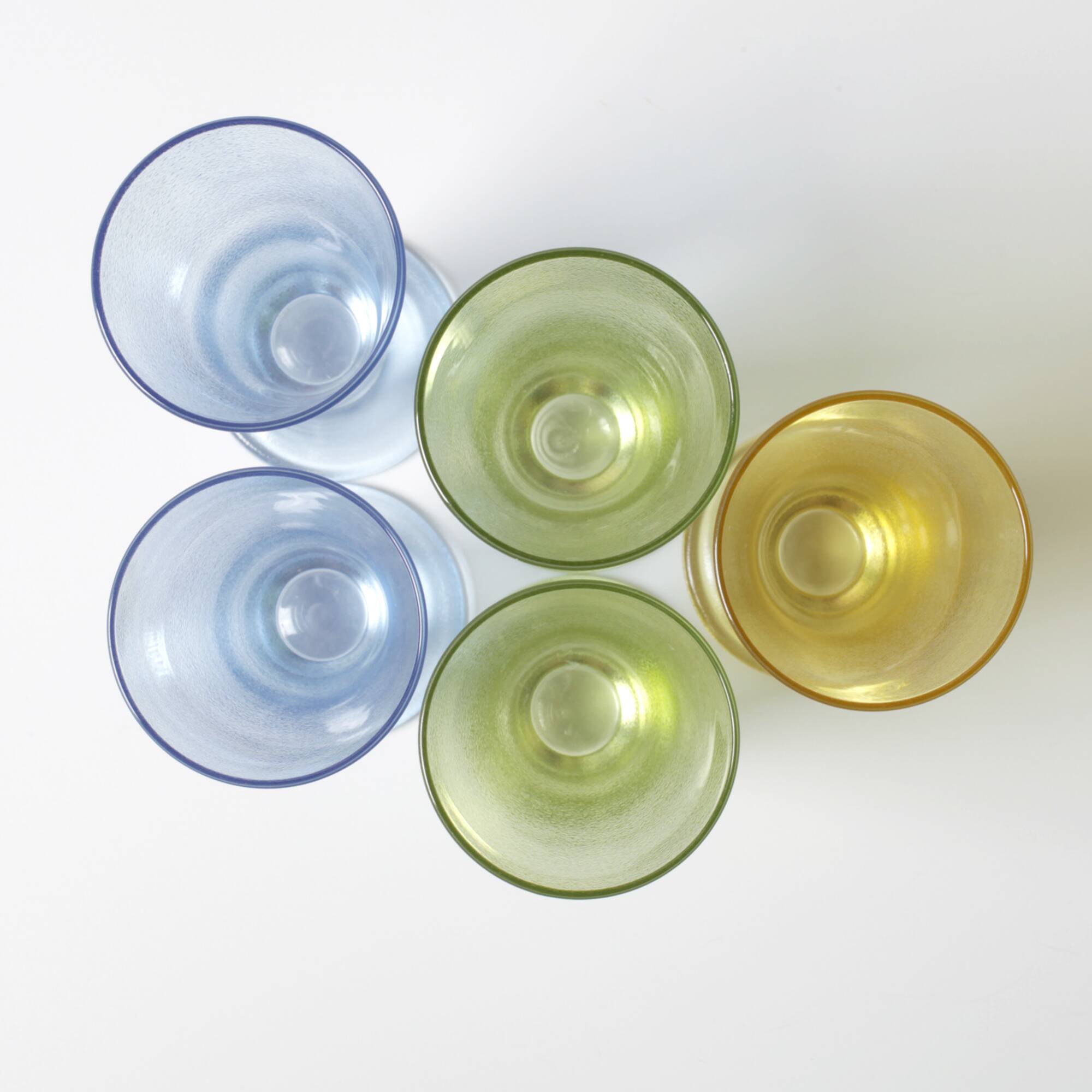 Set of 5 Colorful Yellow, Green and Blue Water Tumblers / Turkey / 2000s