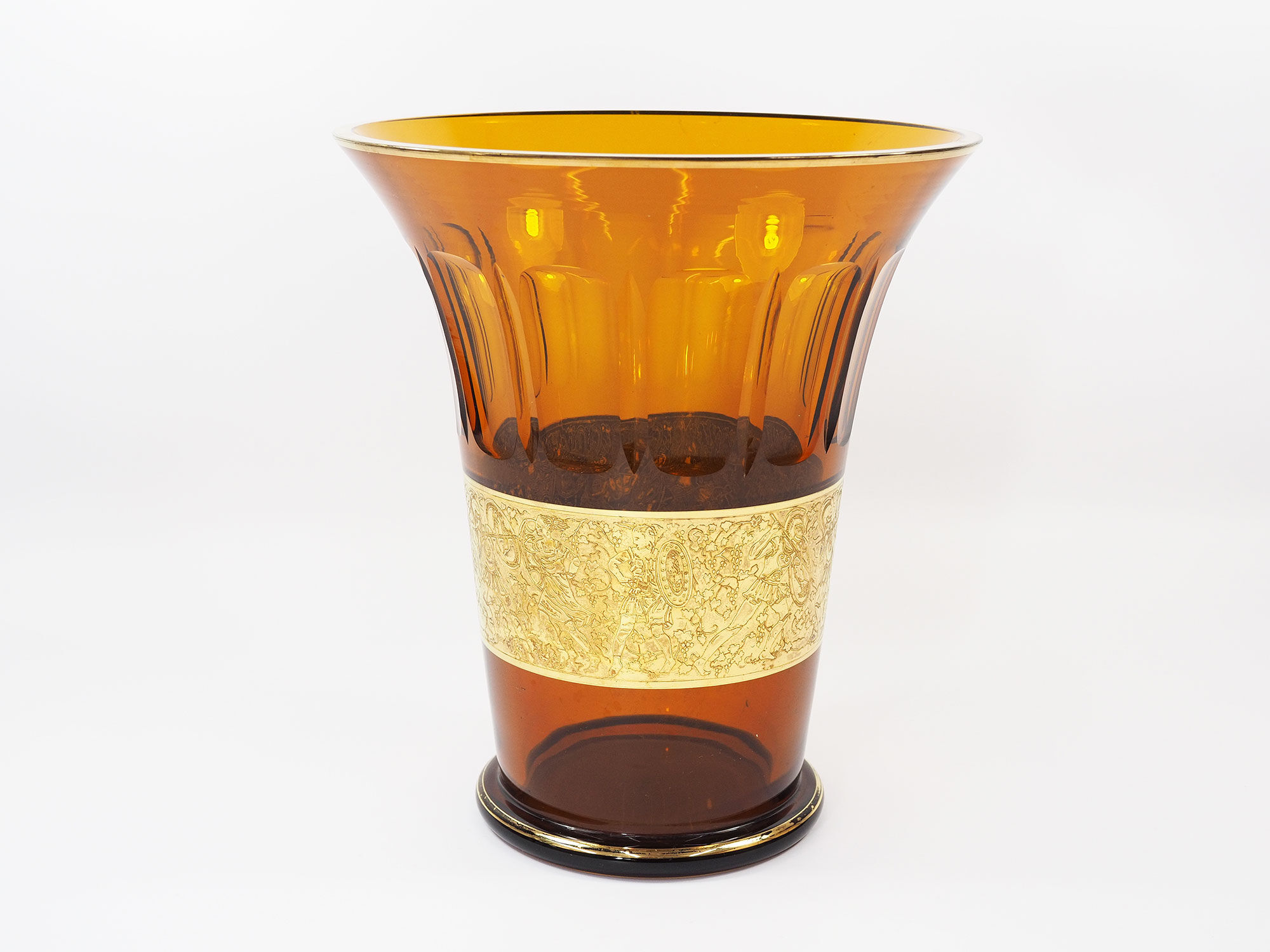 Art Deco Moser Karlsbad Large Amber Glass Vase with Oroplastic Frieze