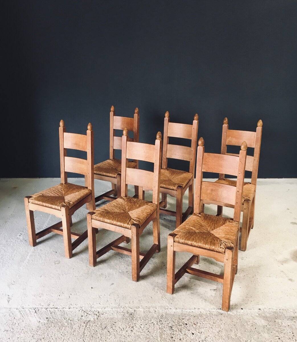 Handcrafted Oak and Rush Dining Chairs, Belgium, 1960s, Set of 6