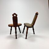 Set of 2 mid century brutalist oak tripod stools, 1960s