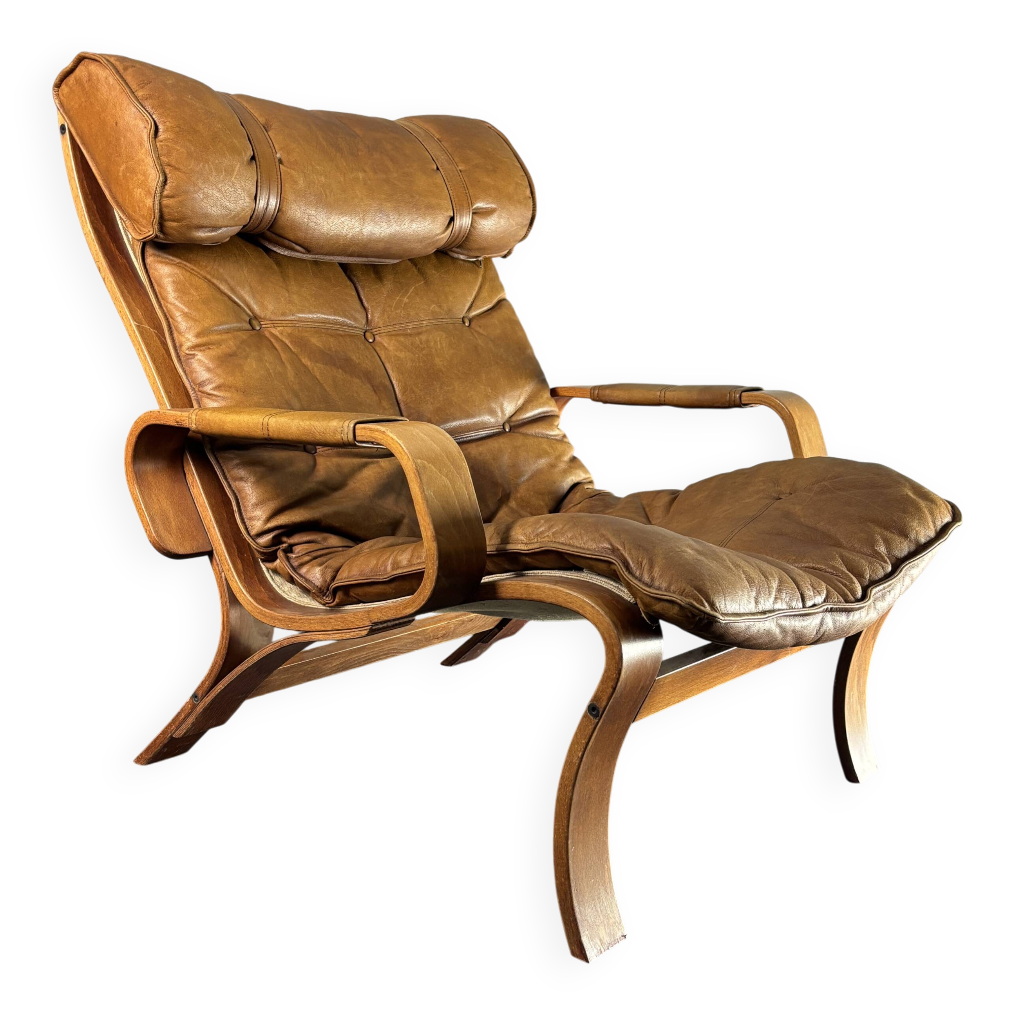 Fauteuil de salon suédois en cuir et bois courbé par Jan Bengstsson, années 1970
