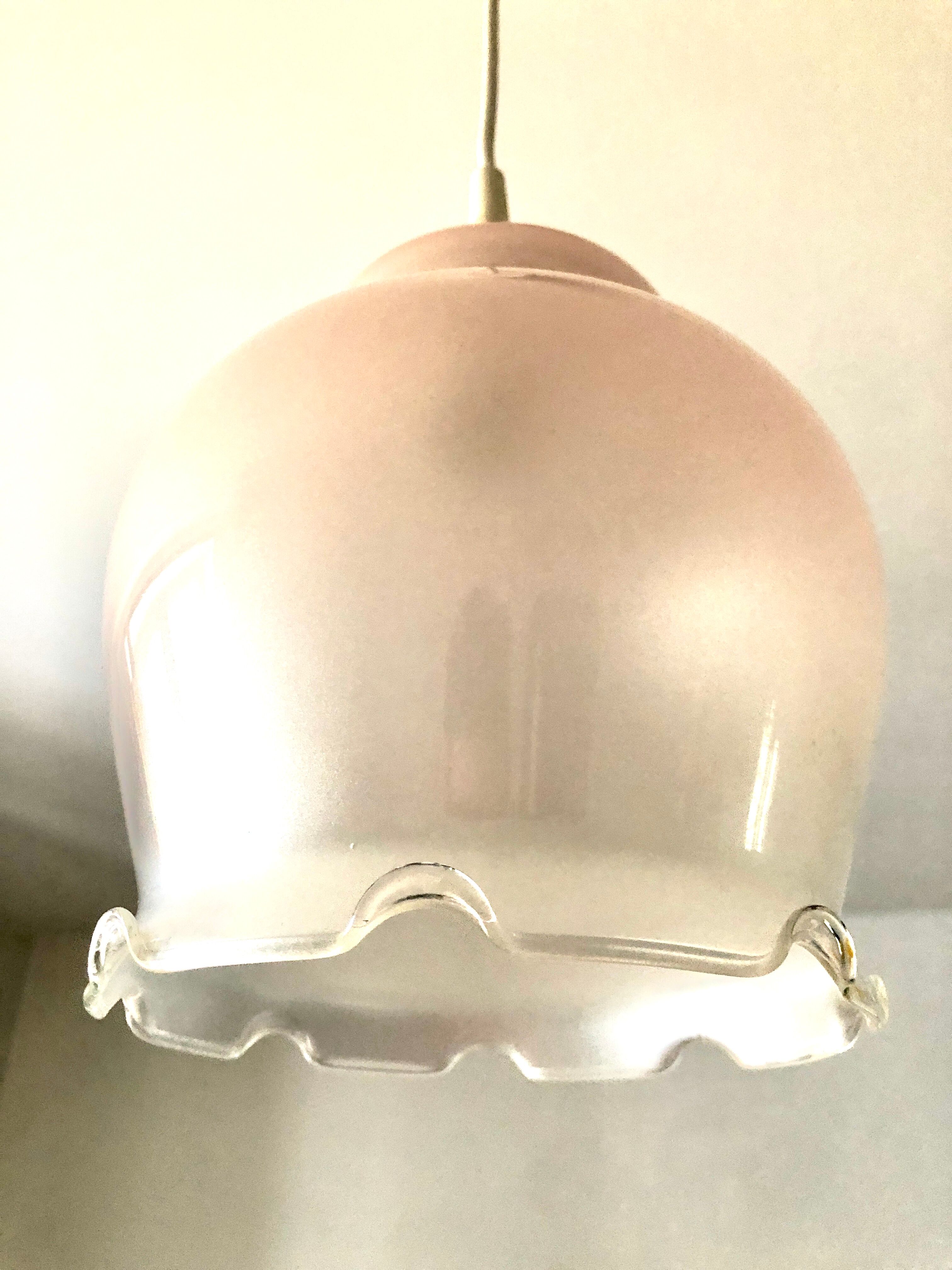 Frosted glass suspension with pearl pink ruffles 1960