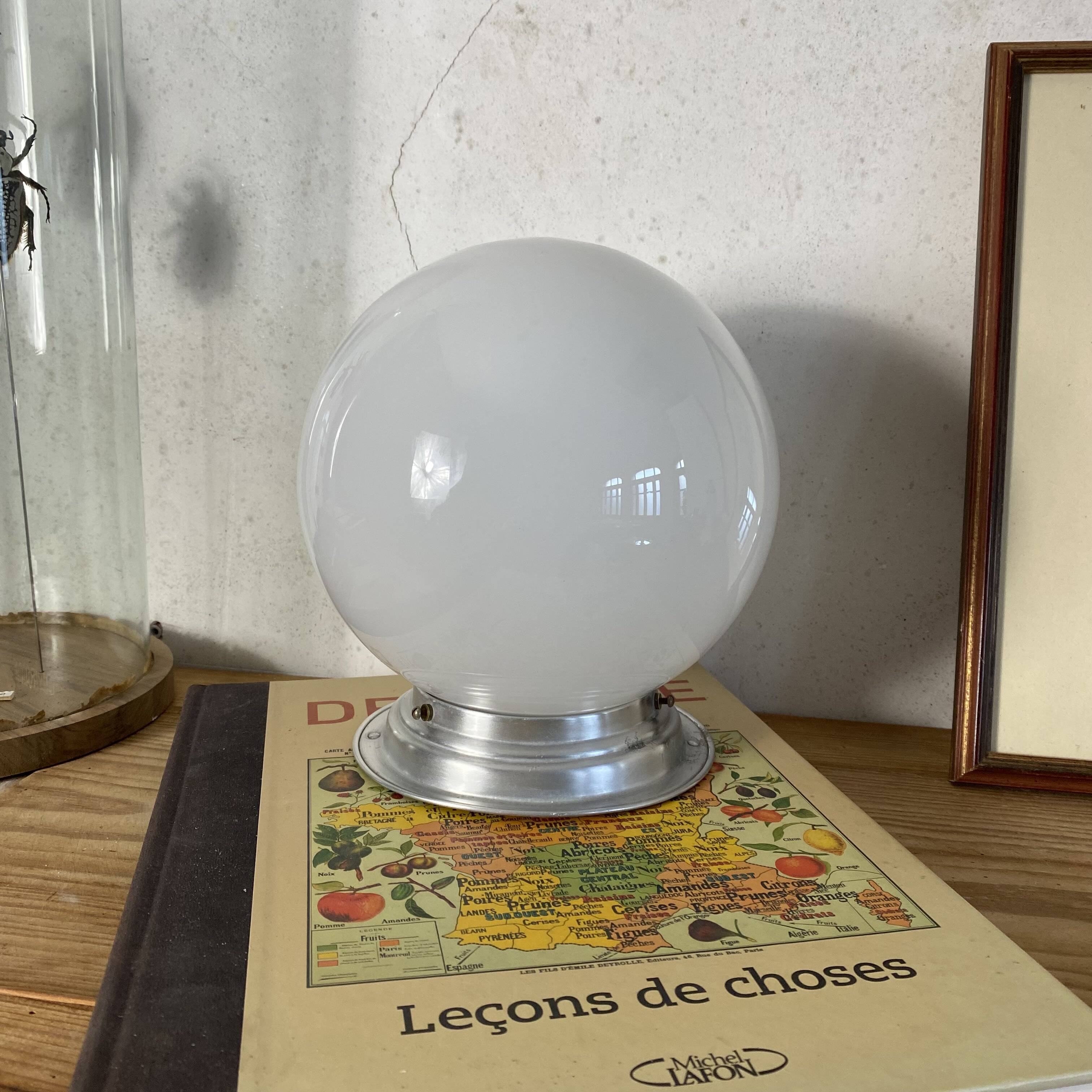 Ceiling light or wall light with white opal glass globe, 20 cm, aluminium rose.