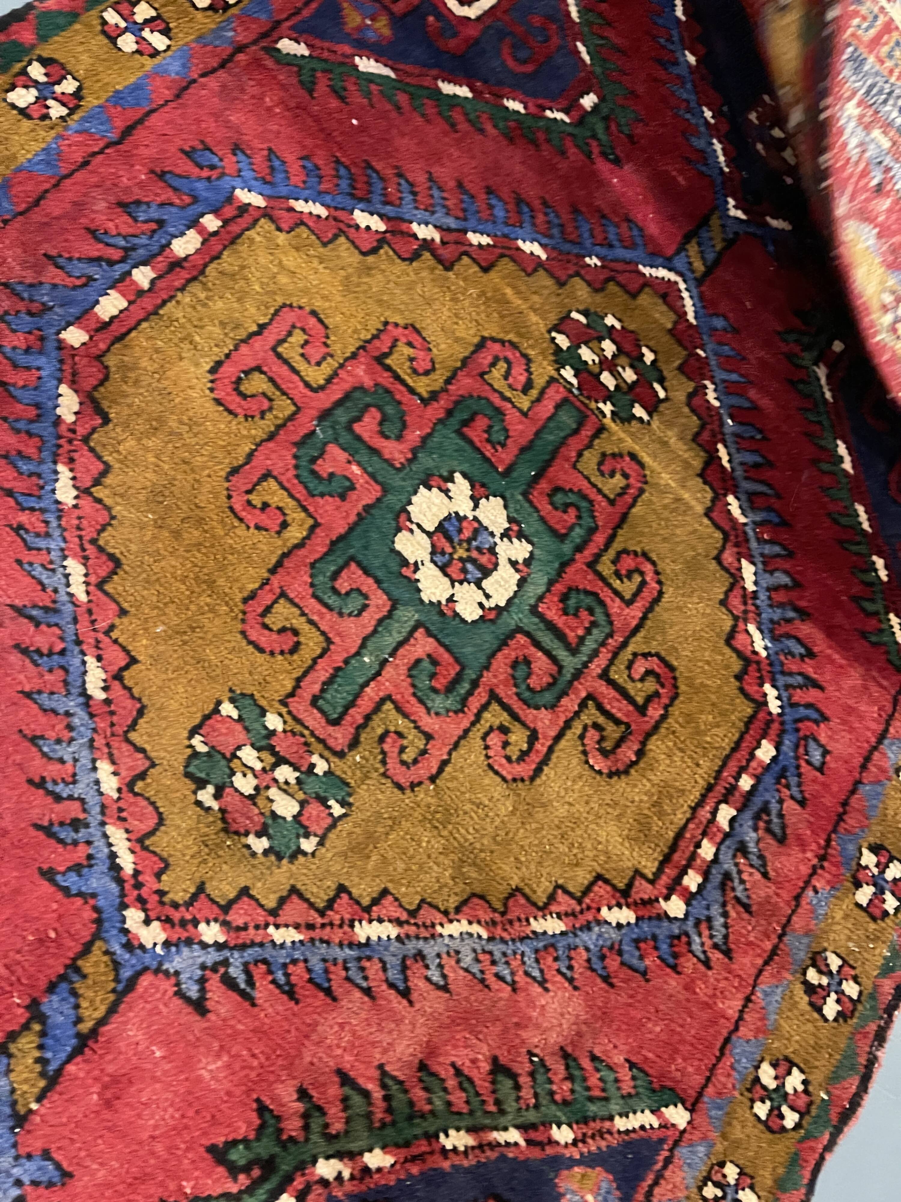 Vintage Geometric Burgundy Red Wool Runner Rug, 1950s Hand-Knotted Carpet