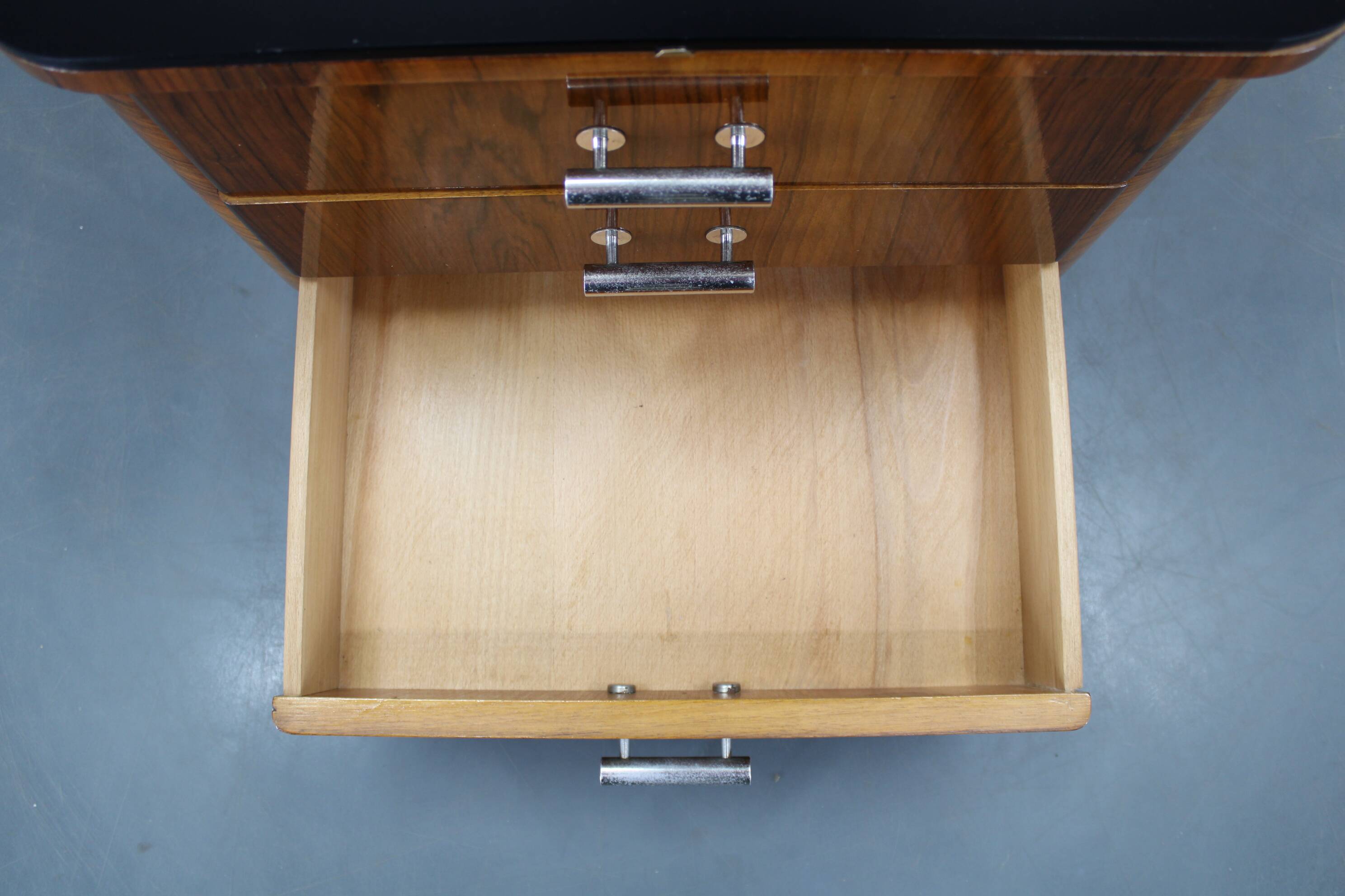 Art Deco walnut nightstand with black opaxite glass, Czechoslovakia 1930s