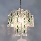 Lustre Mid-Century italien à plaques de verre suspendue décor vert