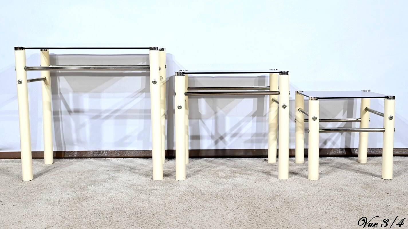 Tables Gigognes en Métal Beige, attribuées à Yves Boutboul – 1970