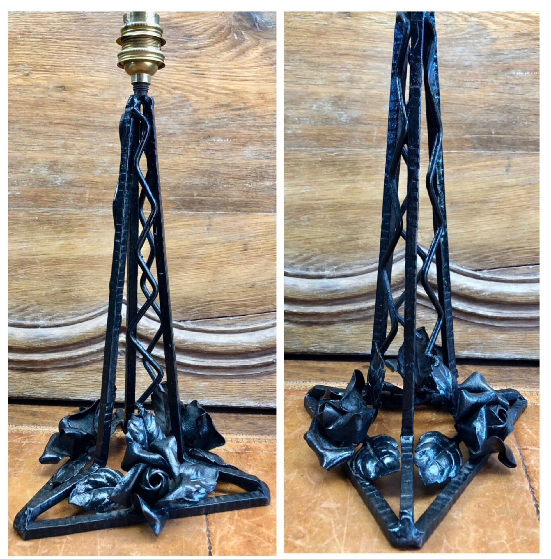 Art Deco wrought iron lamp with 3 rose glass daisies Ezan 1930