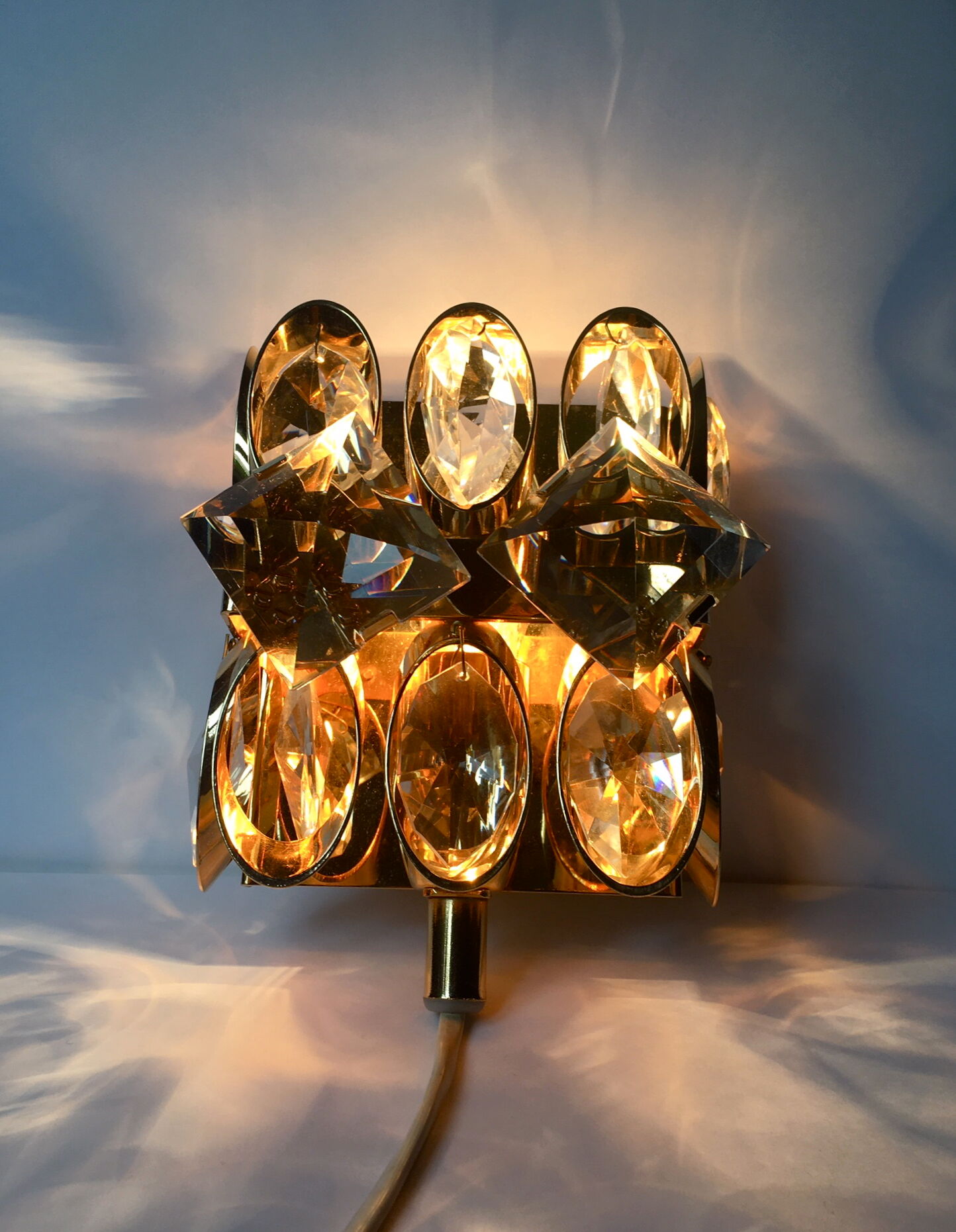 Palwa gold brass and crystal wall light 1960 design