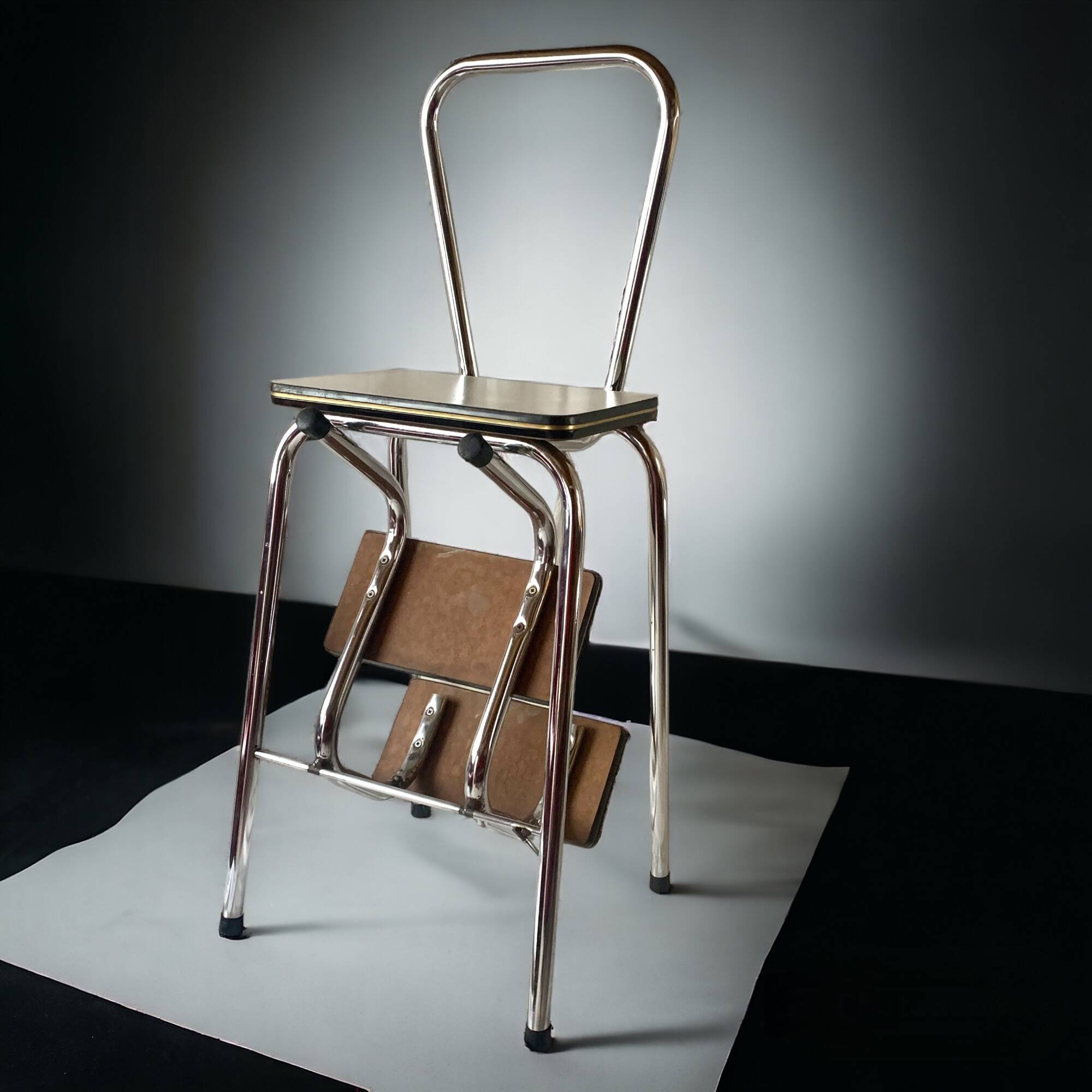 Vintage stepladder in Formica, wood and chromed metal