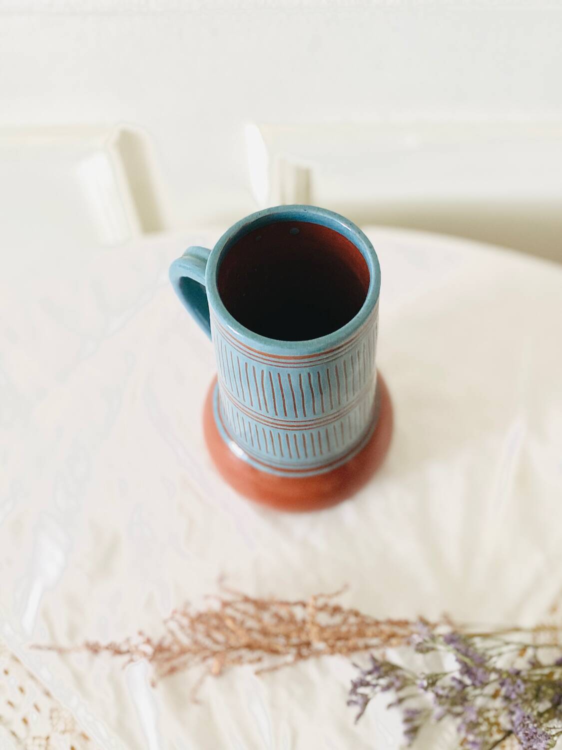 Vintage vase with handle Scandinavian ceramic Nittsjo Sweden