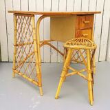 Vintage Louis Sognot rattan desk and stool
