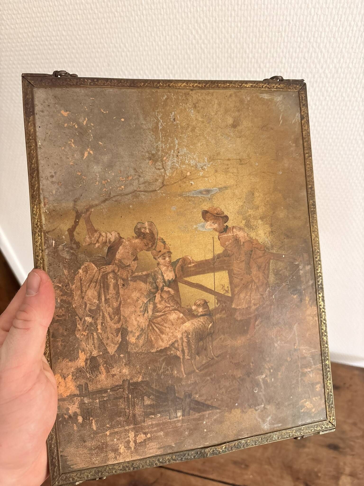 Antique Courteous Mirror Hanging Gallant Scene 19th Century Barber Chainette