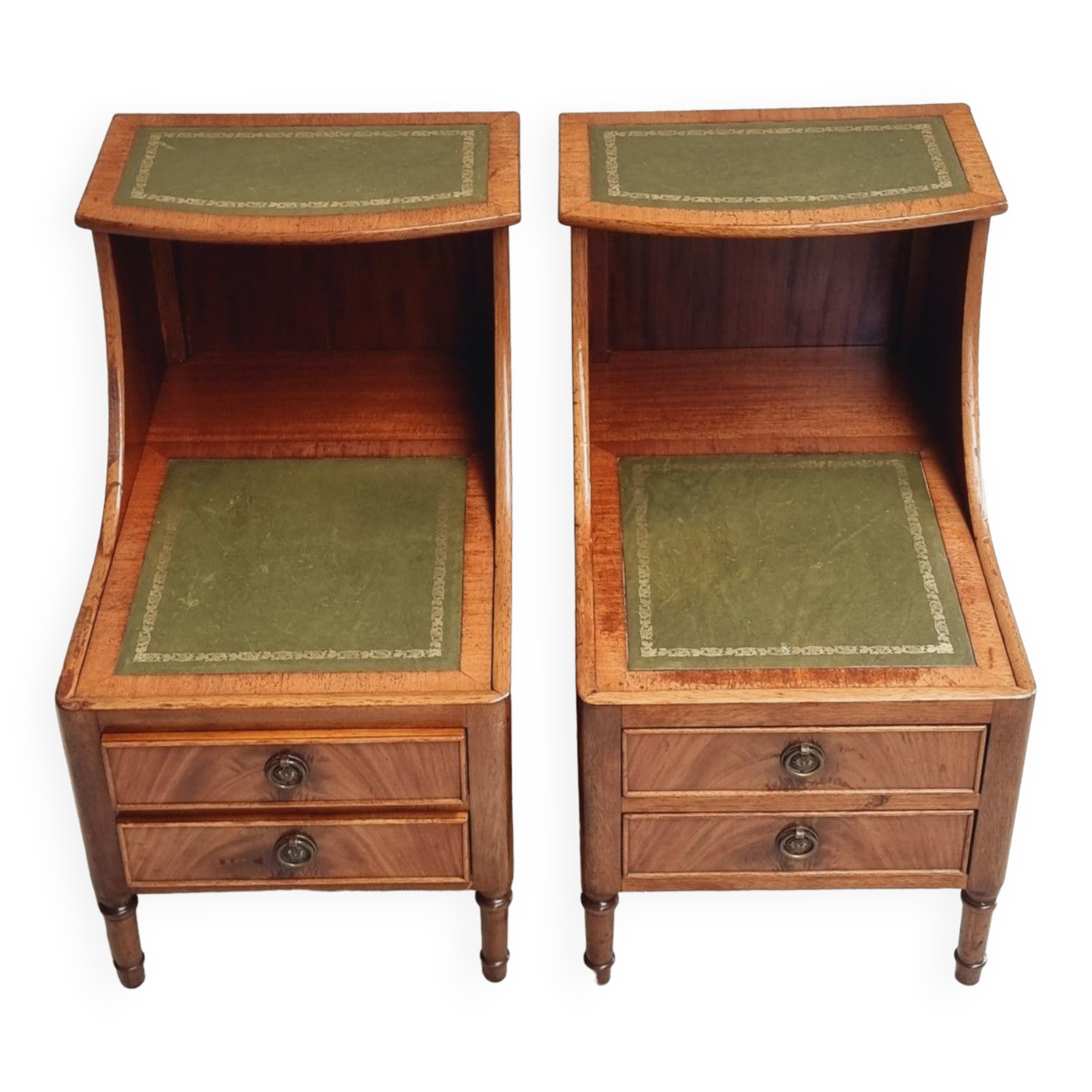 Set of mid century bedside tables with inlaid leather