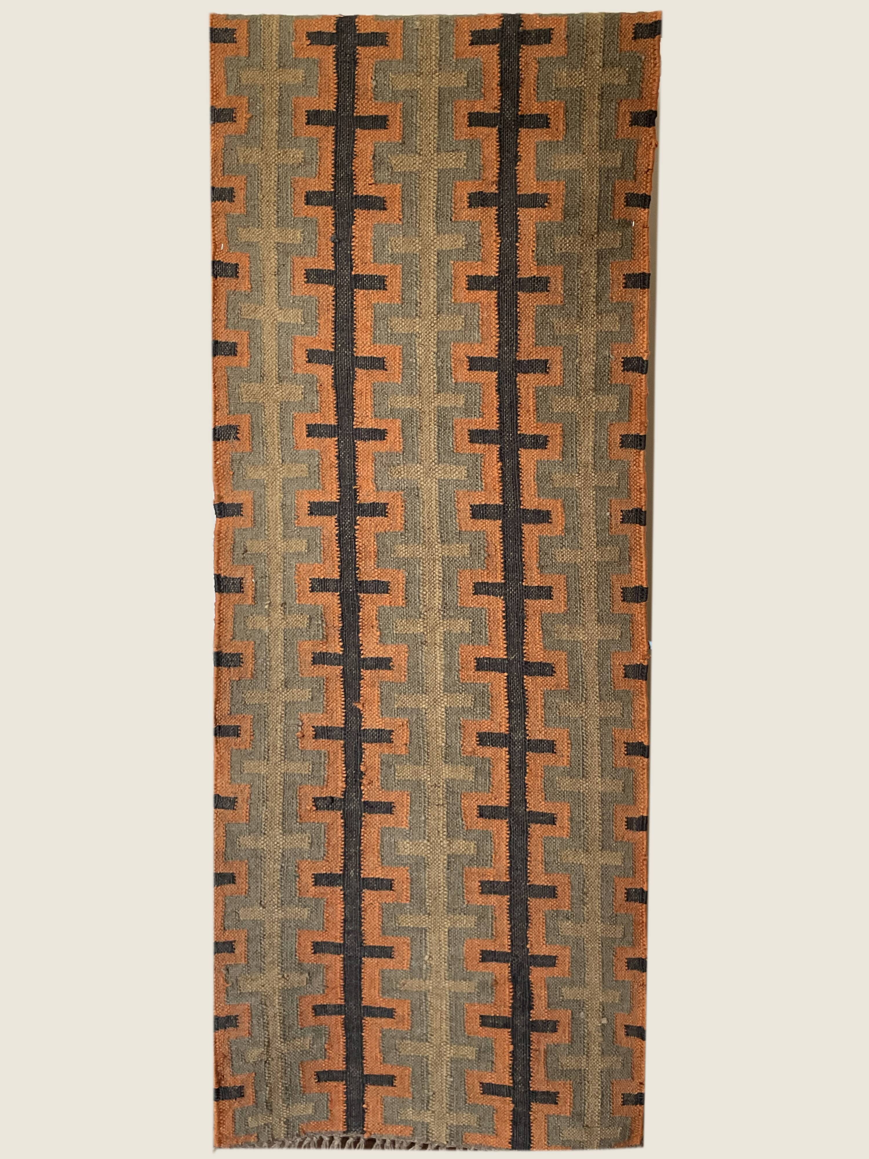 2x6 Ft - Tapis Kilim en jute et laine fait main d'occasion, tapis traditionnel indien.